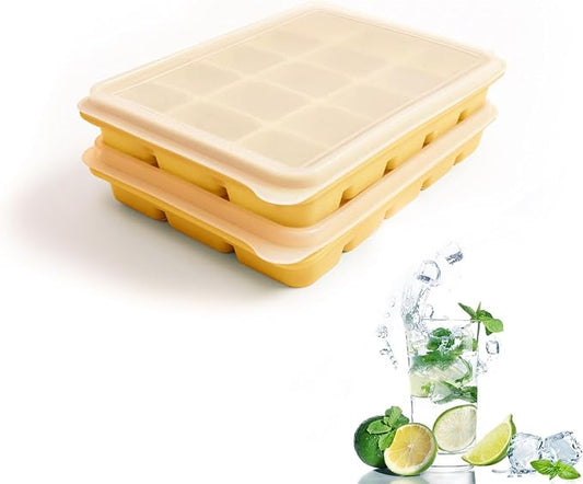 Tvmania Ice Cube Trays Set of 2, Easy Release 15 Flexible Silicone Ice Cube Molds with Removable Lid Reusable Freezer Ice Trays Stackable for Whiskey, Baby Food, BPA Free (yellow) by Tvmania
