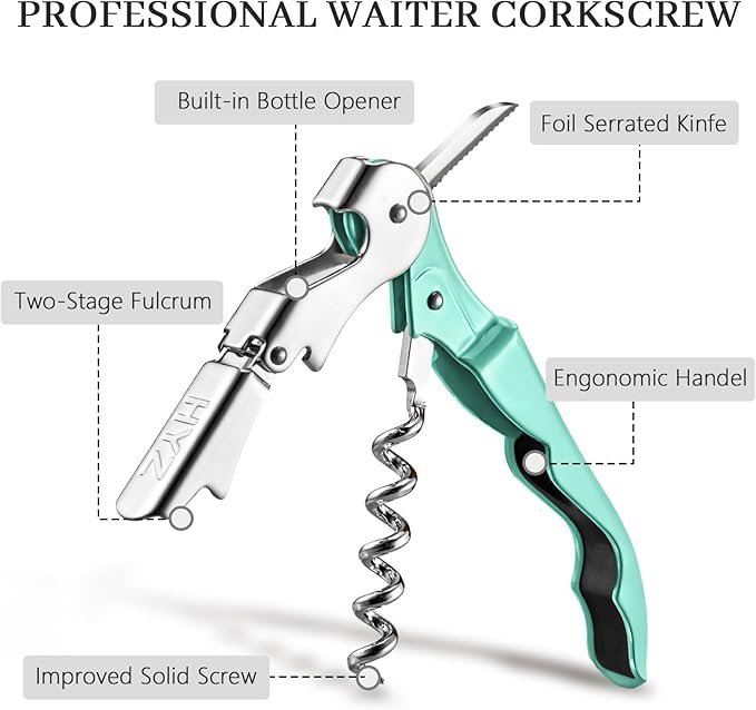 HYZ 2-Pack Wine Opener Waiter Corkscrew, Professional Wine Key for Servers, Bartender with Foil Cutter, Manual Wine Bottle Opener Double Hinged (Mint Green) - Image 2