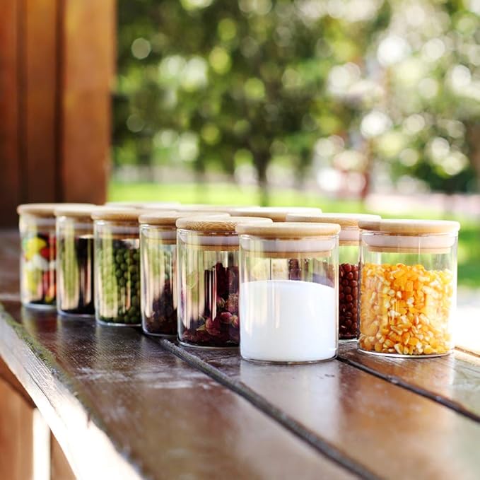 Tzerotone Glass Jars Set,Upgrade Spice Jars with Wood Airtight Lids and Labels, 6oz 12 Piece Small Food Storage Containers for Home Kitchen, Tea, Herbs, Sugar, Salt, Coffee, Flour, Herbs, Grains… - Image 8