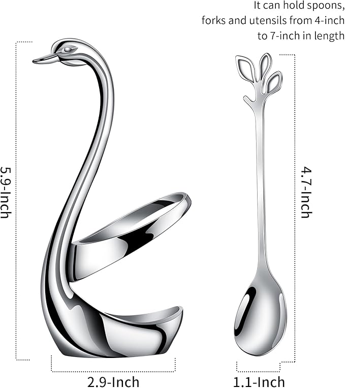 AnSaw Silver Small Coffee Spoon Holder Set,Swan Base With 10 Pcs Demitasse Espresso Spoons Set,4.7" Mini Leaf Dessert Spoon,Stainless Steel Tea Spoons - Image 2