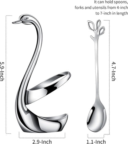 AnSaw Silver Small Coffee Spoon Holder Set,Swan Base With 10 Pcs Demitasse Espresso Spoons Set,4.7" Mini Leaf Dessert Spoon,Stainless Steel Tea Spoons - Image 2