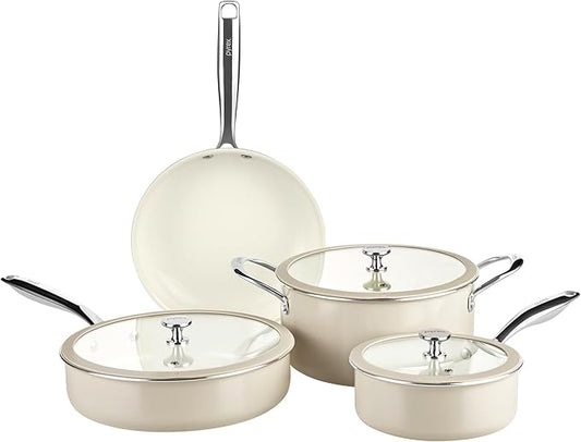 Pyrex 7-Piece Ceramic Cookware Set, Pots and Pans with Lids & Stainless Steel Handles, Healthy Nonstick Ceramic Coating, Induction Compatible Stainless Steel, PFAS Lead Cadmium BPA Free