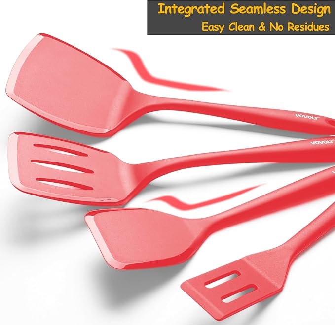 Silicone Spatula Set, 600°F Heat Resistant Silicone Spatula Turner Flipper for Cooking, Non Stick and Non Scratch Kitchen Utensils for Eggs & Pancakes, 4 Pack, Red - Image 4
