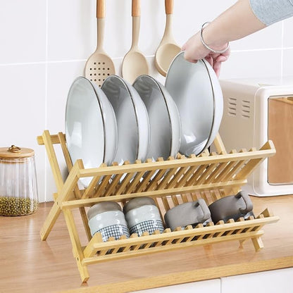 KKTONER Bamboo Dish Drying Rack 2 Tier Foldable Plate Organizer Collapsible Plate Organizer Holder for Kitchen Countertop (Natural) - Image 5