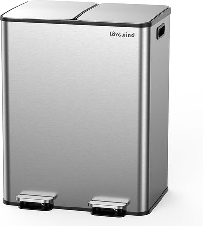 Lovewind Kitchen Trash Can, 2 x 8 Gallon (2 x 30 L) Stainless Steel Trash and Recycle Bin Combo with Soft-Close Lid, Dual Compartment Recycling Kitchen Step Trash Bin, Silver by LOVEWIND