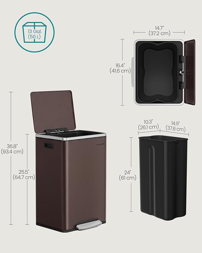 SONGMICS Trash Can, 13-Gallon Gabbage Can, with 15 Trash Bags, Stainless Steel, with Soft-Close Lid, Removable Inner Bucket, Handles, Red Brown ULTB595MZ01 - Image 6