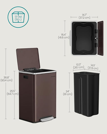 SONGMICS Trash Can, 13-Gallon Gabbage Can, with 15 Trash Bags, Stainless Steel, with Soft-Close Lid, Removable Inner Bucket, Handles, Red Brown ULTB595MZ01 - Image 6