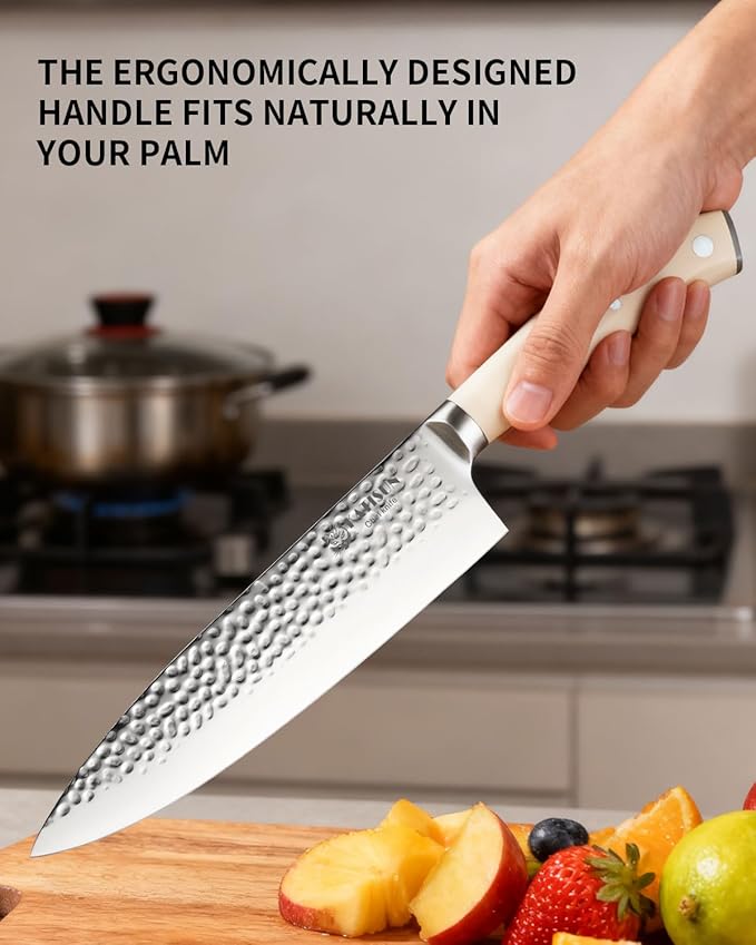Kitchen Knife Set,14-Piece Knife Set With Block Wooden, Self Sharpening For Chef Knife Set, High Carbon German Stainless Steel Hammered Collection Knife Block Set, Dishwasher Safe Cutlery, Cream - Image 5