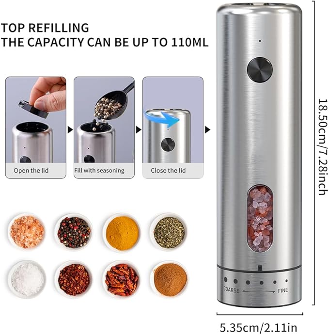 Upgraded Larger 110ml CapacityElectric Salt & Pepper Grinder Set of 2 with LED Light,6 Adjustable Coarseness,Stainless Steel with USB C Charging Dual Rechargeable Base for Women &Men