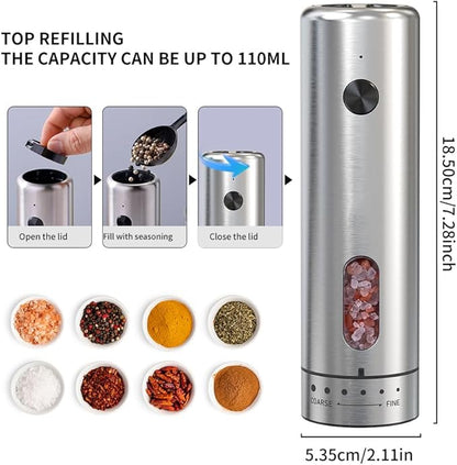 Upgraded Larger 110ml CapacityElectric Salt & Pepper Grinder Set of 2 with LED Light,6 Adjustable Coarseness,Stainless Steel with USB C Charging Dual Rechargeable Base for Women &Men