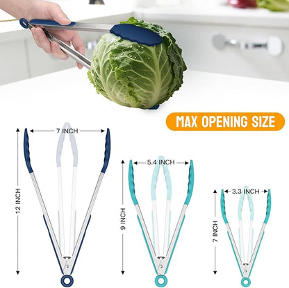 HOTEC Premium Stainless Steel Locking Kitchen Tongs with Silicon Tips, Set of 3-7", 9" and 12" (Gradient Blue) - Image 8