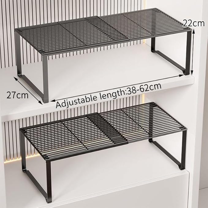 Extendable Metal Wire Shelf Organizer - Adjustable 15-24.4in Length, Stackable Storage Rack for Kitchen/Pantry/Bathroom/Shoe Cabinet/Tool Closet (1,Black) - Image 2