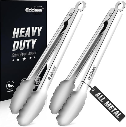 Eddeas 2PCS 9inch Tongs for Cooking - Heat Resistant 600 Degree Kitchen Tongs, Heavy Duty All Metal Food Tongs, Stainless Steel and Non-Slip handle, Salad, Grilling, Barbecue, Dishwasher safe by Eddeas