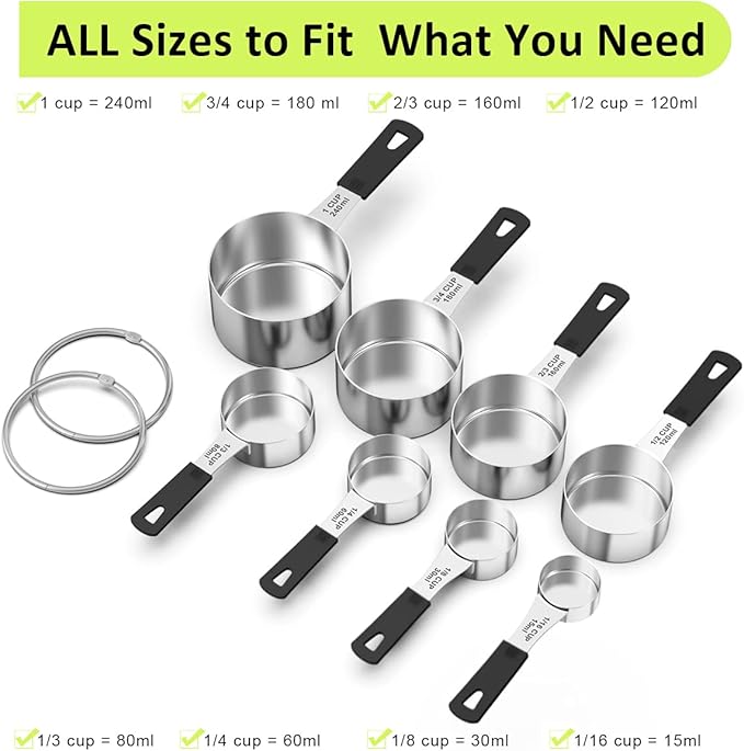 Measuring Cups & Spoons Set of 18 - Wildone Stainless Steel Nesting Measuring Cups 8 Piece and 9 Measuring Spoons, 1 Leveler, Ideal for Dry and Liquid Ingredients (Black) - Image 3