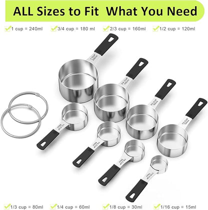 Measuring Cups & Spoons Set of 18 - Wildone Stainless Steel Nesting Measuring Cups 8 Piece and 9 Measuring Spoons, 1 Leveler, Ideal for Dry and Liquid Ingredients (Black) - Image 3