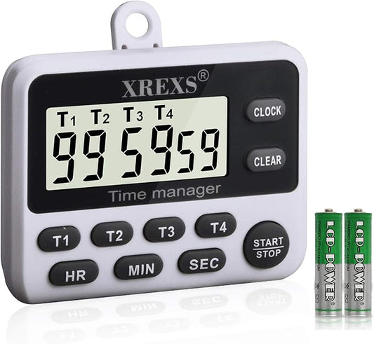 XREXS 4-Channel Digital Kitchen Timer Clock with Large LCD Display, 4 Groups Simultaneous Timing Countdown Up Pocket Timer, Magnetic Attachable (Battery Included) by XREXS