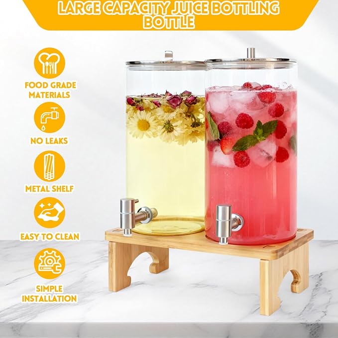 2 Pack 1.5 Gallon Drink dispenser with Stand，Glass Beverage Dispenser With Wood Stand, 18/8 Stainless Steel Spigot and Labels Large Water Drink Dispensers for Parties, Lemonade,Juice, Tea - Image 4
