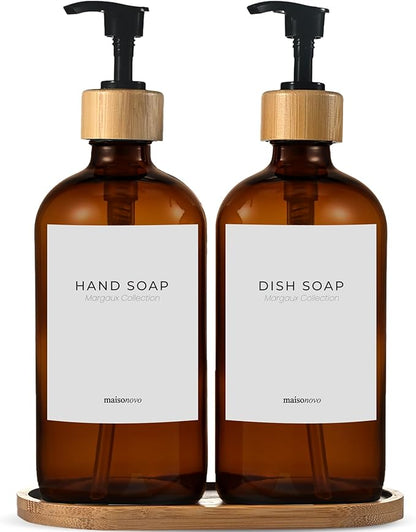 MaisoNovo Glass Dish Soap Dispenser for Kitchen Set of 2-16.9oz Amber Dish and Hand Soap Dispenser Set for Kitchen - Amber Glass Bottles x 2 with Black Bamboo Pumps & Tray