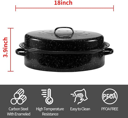 Granite Roasting Pan, 18” Enameled Roasting Pan with Domed Lid. Oval Turkey Roaster Pot, Broiler Pan Great for Turkey, Chicken, Lamb, Vegetable. Dishwasher Safe Cookware Fit for 18Lb Turkey by Kendane