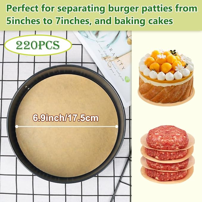 BOYAN 7 Inch Parchment Paper Rounds, Set of 220, Hamburger Patty Paper/Burger Press Paper, Non Stick Small Pre-cut Round Parchment Paper for Cake Pan, Springform Pan, Burger Patty Maker and More