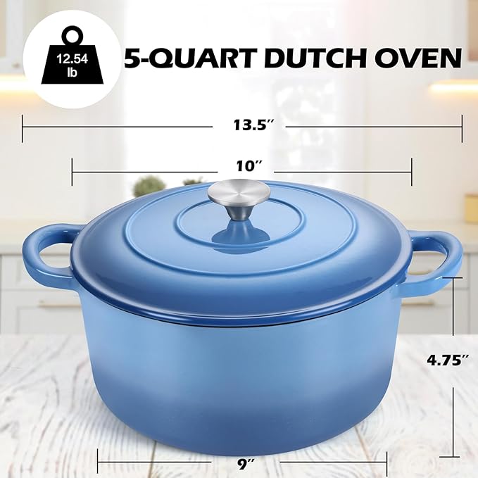 TeamFar 5Qt Dutch Oven, Enameled Cast Iron Dutch Oven with Lid & Dual Handles for Cooking Baking Braising Simmering, Healthy & Sturdy, Oven & Various Stovetops Safe, Non-stick & Easy Clean - Blue - Image 2