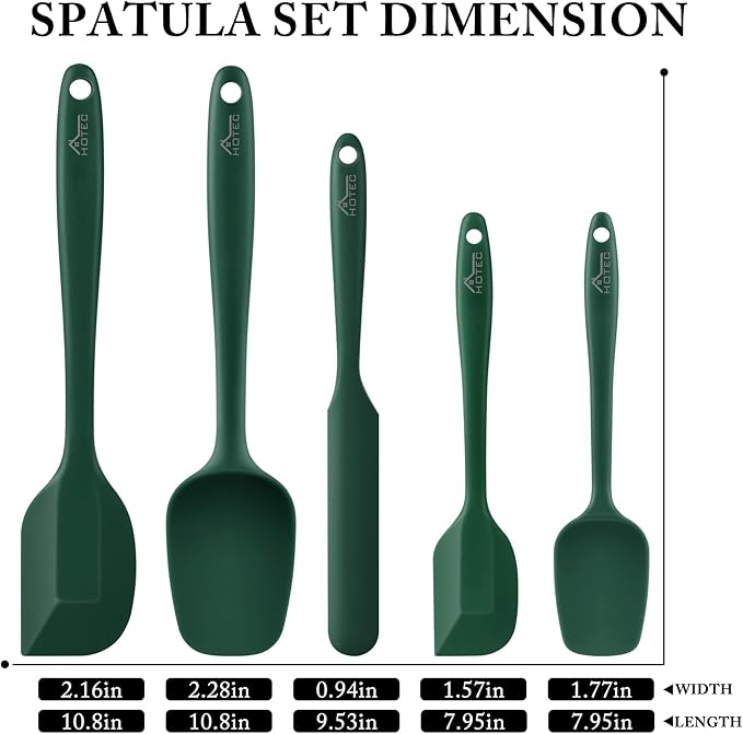 HOTEC 600℉ Heat Resistant BPA-Free Silicone Rubber Spatula Set,Kitchen Cooking Spatulas, Baking, Mixing for Non Stick Cookware, Dishwasher Safe, Dark Green Set of 5 - Image 2