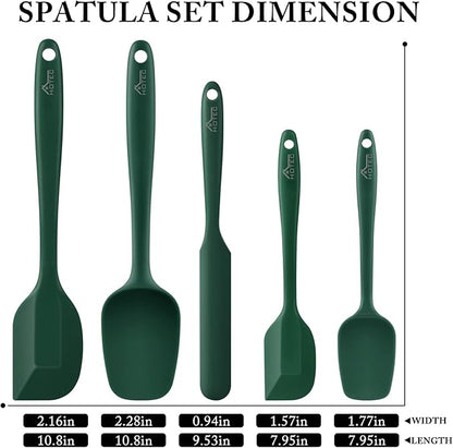 HOTEC 600℉ Heat Resistant BPA-Free Silicone Rubber Spatula Set,Kitchen Cooking Spatulas, Baking, Mixing for Non Stick Cookware, Dishwasher Safe, Dark Green Set of 5 - Image 2