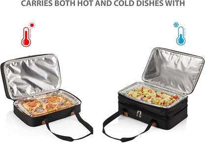 Stack Store Plus More Insulated Casserole Carrier for Hot or Cold Food, Lasagna Holder for Picnic, Potluck, Cookout - Fits 9” x 13” and 11” x 15” Baking Dish – Expandable Double Thermal Bag in Black