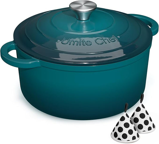 Umite Chef 7QT Enameled Cast Iron Dutch Oven with Lid & Cotton Potholders–Heavy-Duty Cookware for Bread Baking, Braising, Stews, Marinate, Cook(Emerald) by UmiteChef