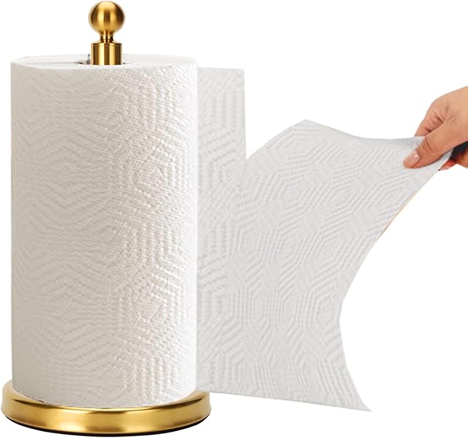 Gold Paper Towel Holder Countertop, Standing Paper Towel Roll Holder for Kitchen Bathroom, with Weighted Base for One-Handed Operation (Stainless Steel Base, Gold) by Kalitro