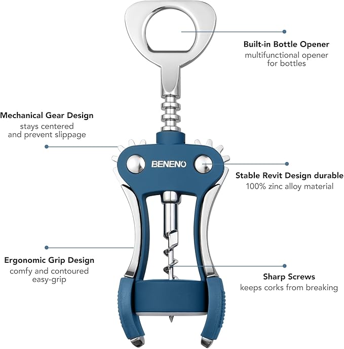 Beneno Wine Opener, Zinc Alloy Premium Wing Corkscrew with Multifunctional Bottles Opener, Sharp Wine Corkscrew with Ergonomic Non-Slip Wing Handle, Blue - Image 2
