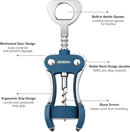 Beneno Wine Opener, Zinc Alloy Premium Wing Corkscrew with Multifunctional Bottles Opener, Sharp Wine Corkscrew with Ergonomic Non-Slip Wing Handle, Blue - Image 2