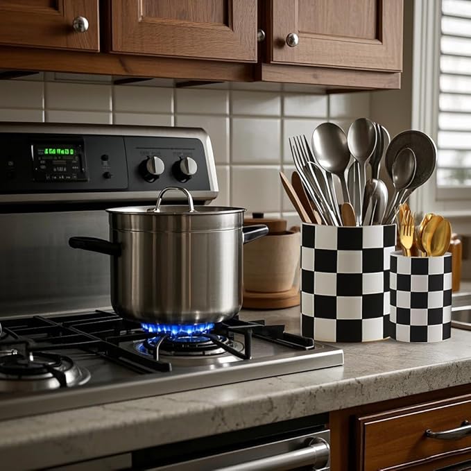 Checkered Kitchen Utensil Holder - 7.1"+5.8" Ceramic Utensil Crock for Countertop, Kitchen Decor and Accessories for counte (Black) - Image 8
