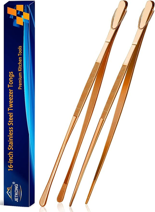 JETKONG 2 Pcs 16-Inch Extra-Large Kitchen Tweezers and Tongs - Giant Stainless Steel Food Tweezers - Rose Gold by JETKONG
