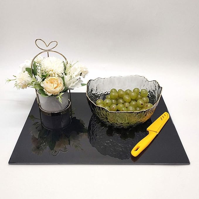 VASUHOME Glass Cutting Board, 16 * 12 inch Set of 1 Tempered Glass Cutting Board, Decorative Square Place Mat for Kitchen, Scratch, Heat, Shatter Resistant Cutting Mat, Silk Screen Black
