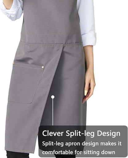 KITCHIEF Pottery Apron Split Leg,Cross Back Chef Apron with Pockets,Painting Apron with Adjustable Straps for Cooking,Baking,BBQ,Ceramic,Gardening(Gray)