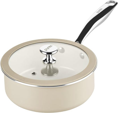 Pyrex 7.7-Inch Saucepan Ceramic Cookware with Lid & Stainless Steel Handles, Healthy Nonstick Ceramic Coating, Induction Compatible Stainless Steel, PFAS Lead Cadmium BPA Free