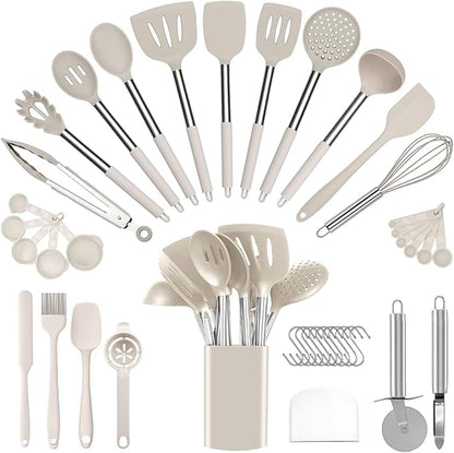 Silicone Cooking Utensils Set Utensil: 40 Pcs Black Stainless Steel Cookware Set, Nonstick Silicone Cooking Utensils Set, (Khaki) by InspiredLivingKitchenHealth