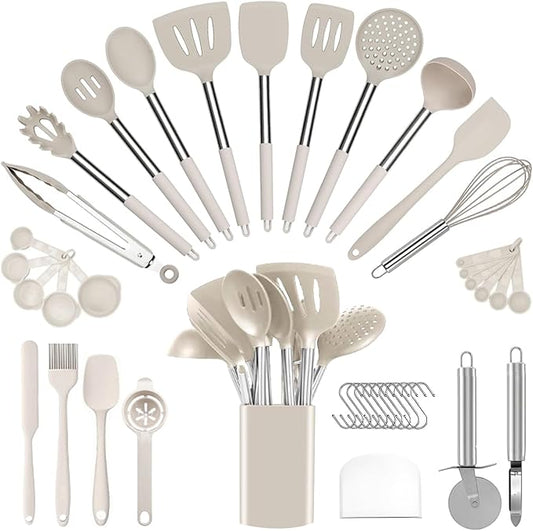 Silicone Cooking Utensils Set Utensil: 40 Pcs Black Stainless Steel Cookware Set, Nonstick Silicone Cooking Utensils Set, (Khaki) by InspiredLivingKitchenHealth