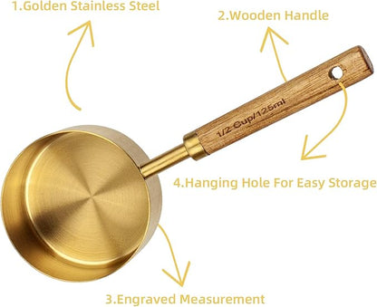 Measuring Cups and Spoons Set of 8, Golden Stainless Steel Measuring Cup with Wooden Handle, Kitchen/Food/Liquid/Baking (gold)