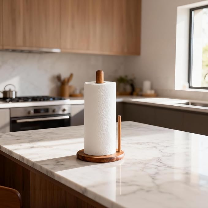 Acacia Wood Paper Towel Holder Countertop, Wooden Paper Towel Holder Thicken Base for Kitchen, Easy to Assemble, Sturdy, Durable, Natural Wood Color - Image 3