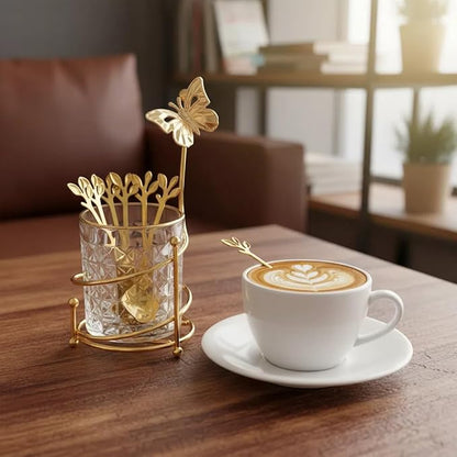 6PCS Coffee Spoons Set with Glass Holder,Small Stainless Steel Gold Tea Spoon,Mini Dessert Spoons Set for Fruit,Stirring, Mixing, Sugar, Ice Cream, Cake (6 x Spoons)