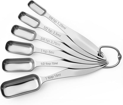 FANGSUN Stainless Steel Narrow Measuring Spoons, Metal Measuring Spoons with Long Handle and Engraved Measurements Set of 6, For Dry or Liquid, Fits in Spice Jar by FANGSUN
