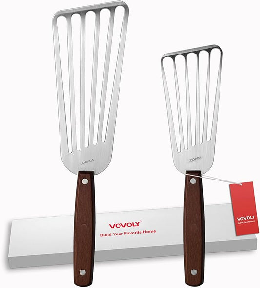 2 Pack Fish Spatula Turner, Stainless Steel Slotted Spatulas for Flipping, Turning, Frying & Grilling, 3"x6"+4"x8" Metal Slotted Spatulas, Wooden Full Tang Handle & Curved Blade by VOVOLY