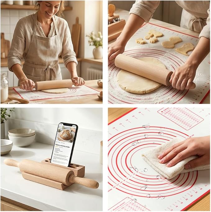 Rolling Pin Set for Baking, 3-Piece Wooden Dough Roller with Silicone Mat and Stand, Kitchen Pastry Baking Accessories for Pie Crust, Cookies, Pizza Dough and Bread