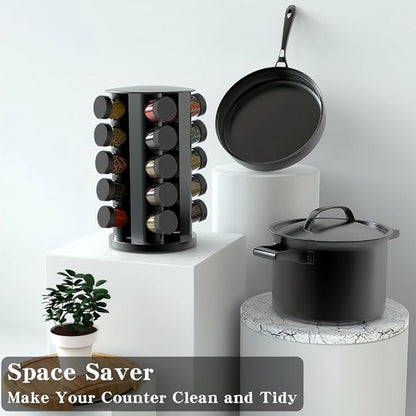 Handisen Rotating Spice Rack Organizer for Cabinet, Spice Racks Storage with 20 Jars, Spinning Spice rack for Kitchen Countertop, Spice Holder,Seasoing Storage Racks, Black