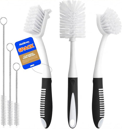 Holikme 6 Pack Dish Brush Set with Bottle Brush, Dish Scrub Brush, Pan Brush and 3 Straw Brushes, Deep Cleaning Handle Brush with Scraper Tip for Kitchen Sink Dishes Bottle Cup Pot and Pans (Black) by Holikme