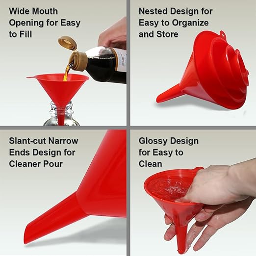 KongNai 4 Pieces Plastic Funnel Set for Kitchen and Automotive Use, Mini, Small, Medium and Large Funnel for Filling Bottles, Canning, Cooking, Lab or Car Oil Funnels (Red) - Image 4