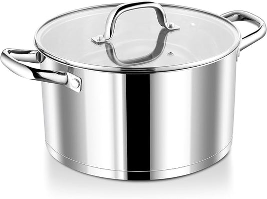 P&P CHEF 8 Quarts Cooking Stock Pot with Lid, Stainless Steel Stockpot Induction Pot for Soup, Tri-Ply Bottom & Clear Glass Lid & Double Handle, Dishwasher Safe by PPCHEF