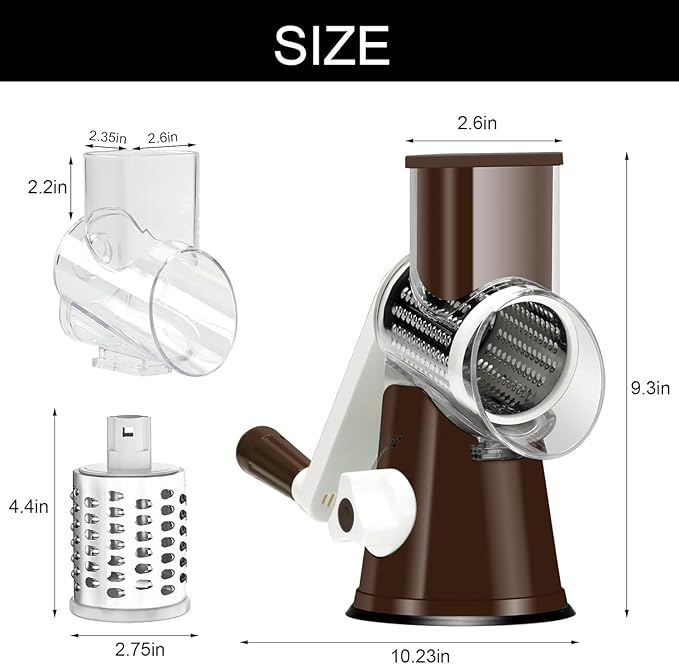 Cambom Rotary Cheese Grater Hand Crank Cheese Shredder for Fresh Cheese, Vegetable, Nuts,Non-slip Suction Base, Free Cleaning Brush Three Blades, Coffe Color - Image 6